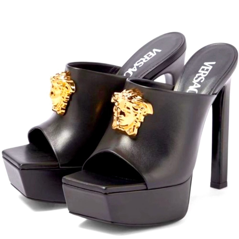 Versace black calf skin platforms! Worn twice and Comes with outer box.